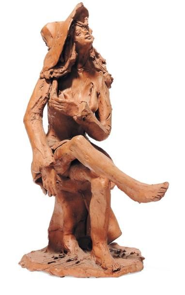 null Statuette en terre cuite représentant une jeune femme assise sur un tronc H_35...
