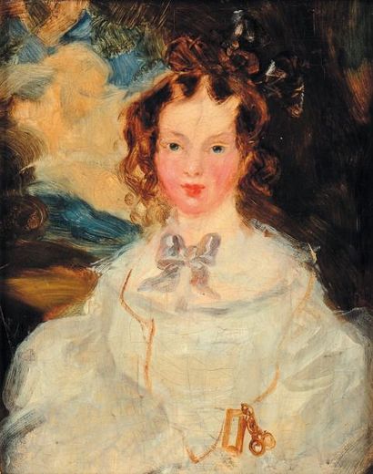 École anglaise du XIXe s. Jeune femme en robe blanche. Toile H_23 cm L_17,5 cm