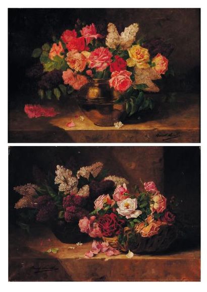 Alfred Arthur Brunel de Neuville (actif au XIXe s.) Bouquet de roses et bouquets...