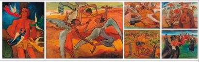 PIERRE - LOUIS FLOUQUET (1900-1967) Ensemble de six tableaux aux thèmes divers: géant,...