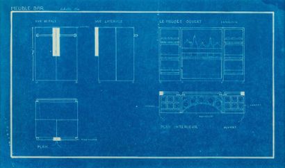 null Etude d'un meuble de bar sur fond bleu Estampe, échelle 1/10. H_24,5 cm L_40,5...