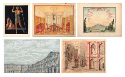 NICOLAS ISZELENOV (1891-1981) Ensemble de cinq dessins aux thèmes divers: architecture-Intérieur-Louvre-Paysage-Pèlerins...