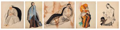 MARIA LAGORIO (1893-1979) Ensemble de cinq dessins de personnages féminins aux traits...