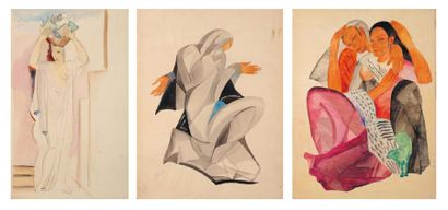 MARIA LAGORIO (1893-1979) Ensemble de trois dessins de femmes Aquarelles sur papier....