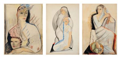 MARIA LAGORIO (1893-1979) Ensemble de trois dessins de personnages féminins Aquarelles...