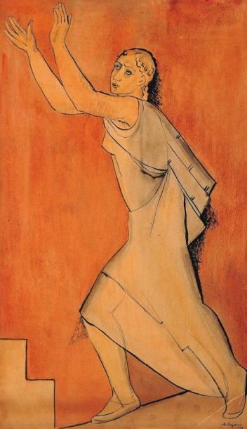 MARIA LAGORIO (1893-1979) Personnage au bras levés, 1927 Peinture sur cire, signée...