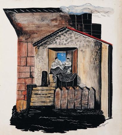 MARIA LAGORIO (1893-1979) Deux personnages dans une perspective d'intérieur Gouache...