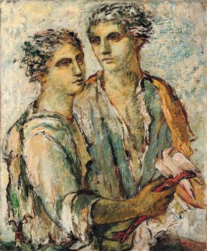 ATELIER MARIA LAGORIO (1893-1979) Deux hommes et l'oiseau Huile sur toile. H_73 cm...