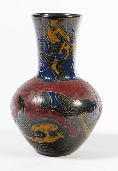 RENÉ BEN LISA 1926-1995 France Grand vase à décor de personnages et de formes stylisées
Grès...