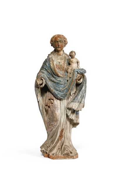 null VIERGE À L'ENFANT en bois sculpté et polychromé.
Fin du XVIIe siècle (tête de...