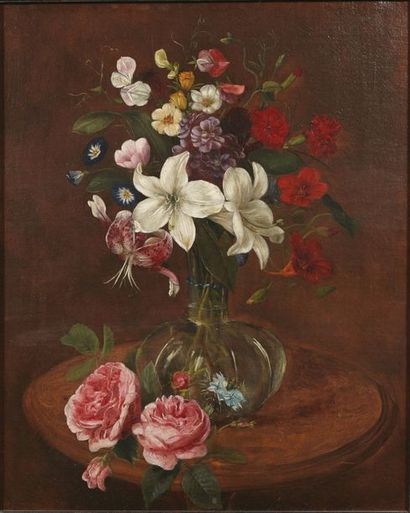 CONSTANCE POTTIER (EXPOSE AU SALON DE 1864) 
Bouquet de fleurs dans un vase
Huile...