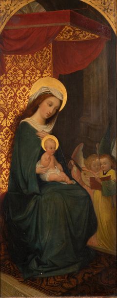 JEAN VAN DER PLAETSEN (1808 - 1857) 
Vierge à l'enfant et anges musiciens
Panneau,...