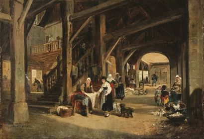 Jules Achille NOEL (1810-1881) 
Scène d'intérieur, Auray 1870
Huile sur toile.
Signée,...