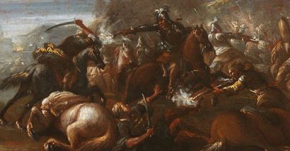 ATTRIBUÉ À JACQUES COURTOIS, 
Choc de cavalerie
Huile sur toile, sans cadre.
H_25,5...