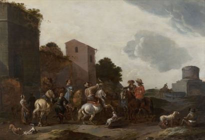 SIMON JOHANNES VAN DOUW (ANVERS 1630 - VERS 1677) 
Le départ pour la chasse aux faucons
Panneau...