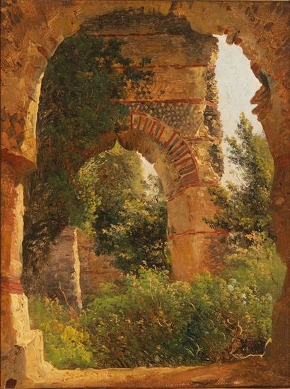 Alexandre CALAME (1810 - 1864) 
Ruines d'un aqueduc
Huile sur carton.
Localisation...