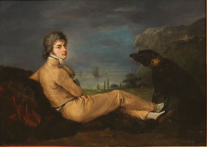 ECOLE ANGLAISE DU XIXe SIÈCLE Jeune homme allongé avec son chien devant un paysage...