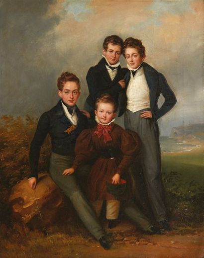 Edouard PINGRET (1788 - 1875) 
Portrait de jeunes garçons devant une côte
Huile sur...