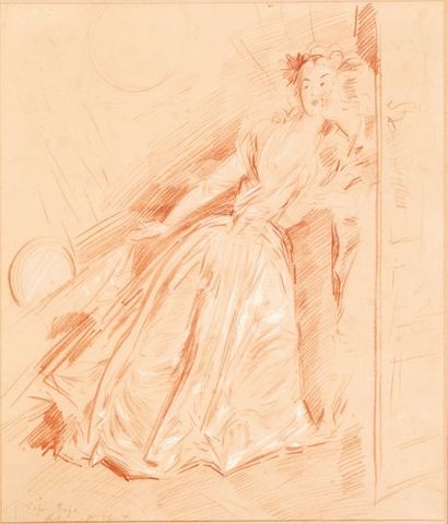 PAUL EMILE HELLEU (1859 - 1927) 
Le baiser
Sanguine sur papier.
Signé en bas à gauche.
H_65...