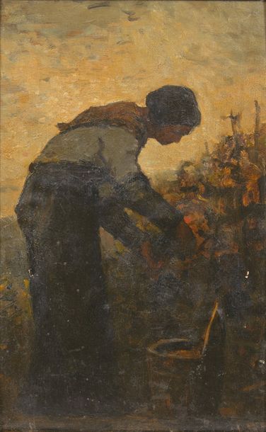 JULES BRETON (1827 - 1906) 
Paysanne dans un champ
Huile sur carton.
H_35 cm L_22...