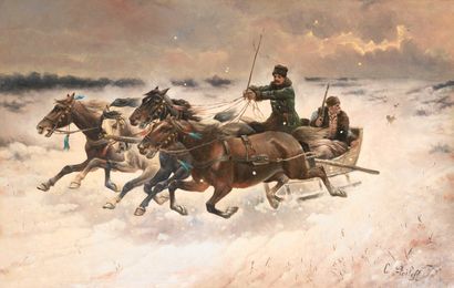 CONSTANTIN BAUMGARTNERSTOILOFF 1850-1924 Troïka dans la neige poursuivie par des...