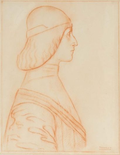 Fernand Khnopff (1858-1921) 
Profil occidental, circa 1914
Sanguine sur papier.
Signée...