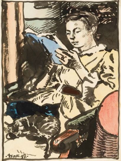 GEORGES LEMMEN (1865-1916) 
La lecture, 1892
Encre et aquarelle sur papier, datée...