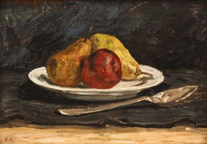 Félicien Rops (1833-1898) 
Poires et pommes sur un plat, 1882
Huile sur toile
Monogrammée...