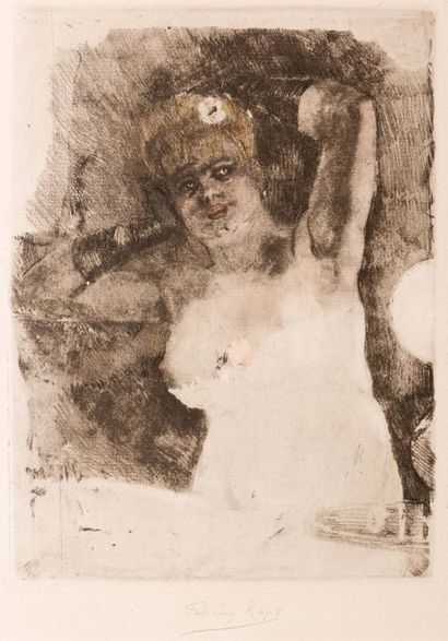 Félicien Rops (1833-1898) 
La dame au carcel
Gravure au vernis mou réhaussée en couleurs...