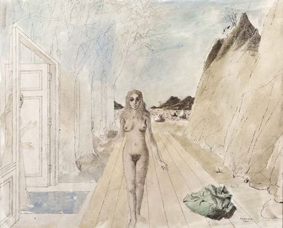Paul DELVAUX (1897-1994) 
Etude pour le tableau «Le retour», 1965
Aquarelle et encre...