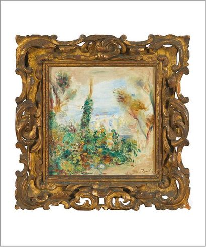 Pierre-Auguste RENOIR (1841-1919) Paysage, au premier plan fleurs grimpantes, au...