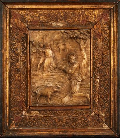 null Plaque en albâtre sculpté en bas-relief avec rehauts d'or représentant le Fils...