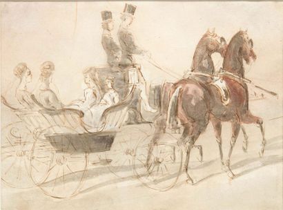 CONSTANTIN GUYS (1802-1892) Calèche aux chevaux rouges
Aquarelle et encre sur papier
H_16,5...