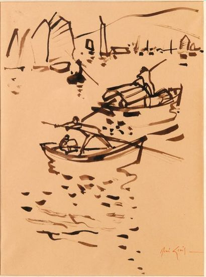 René GENIS (1922-2004) Barques
Encre sur papier.
Signée en bas à doite.
H_31 cm L_23...