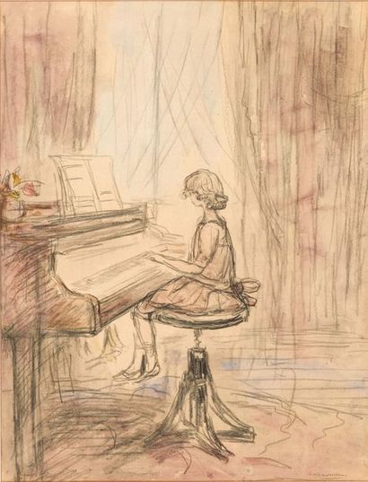 Pierre LAPRADE (1875-1931) Jeune fille au piano
Crayon et lavis sur papier.
Signé...