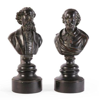 null Deux bustes en bronze patiné
Représentant Shakespeare et Dickens, reposant sur...