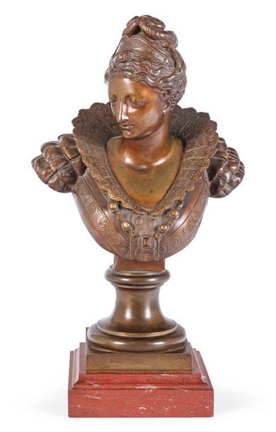 null Buste d'élégante en bronze patiné sur un socle de marbre rouge
H_42 cm