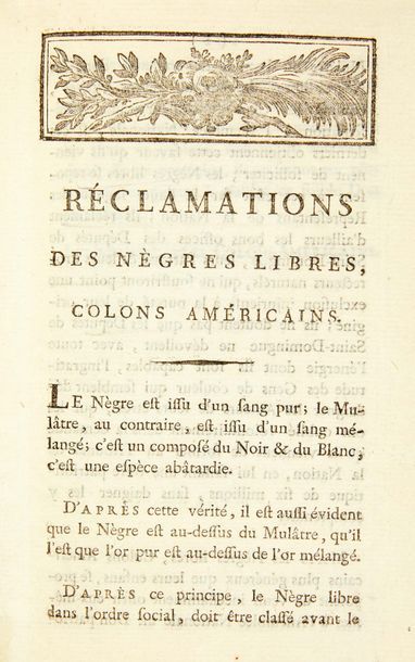 null [PAMPHLET].
Réclamations des nègres libres, colons américains.
[Paris, 1789]....