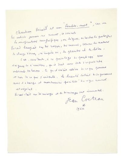 COCTEAU (Jean) A propos de Christian Bérard. Sans lieu, 1960.
Manuscrit autographe...