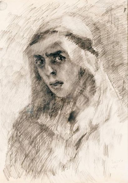 JAMES ENSOR 1860 - 1949 Portrait en Arabe, 1878

fusain et crayon sur papier; signé...