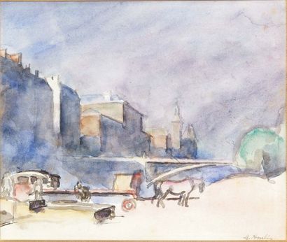 Maurice ASSELIN (1882-1947) 
Berge de la seine
Aquarelle sur papier.
Signée en bas...