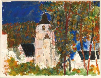 Paul GUIRAMAND (1926-2007) 
Paysage au clocher
Gouache, aquarelle et encre sur papier.
Signée...