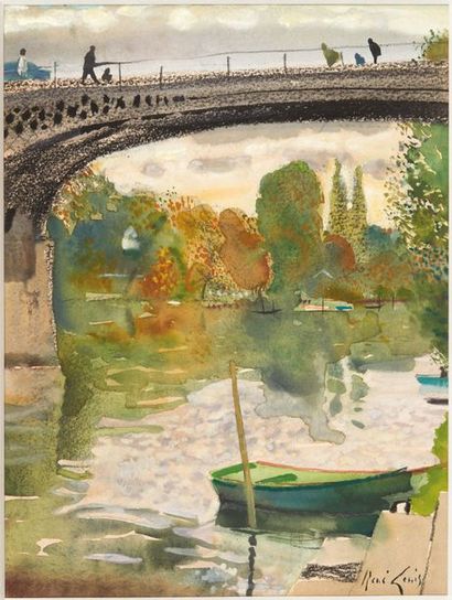 René GENIS (1922-2004) 
Pont
Aquarelle sur papier.
Signée en bas à droite.
H_30 cm...