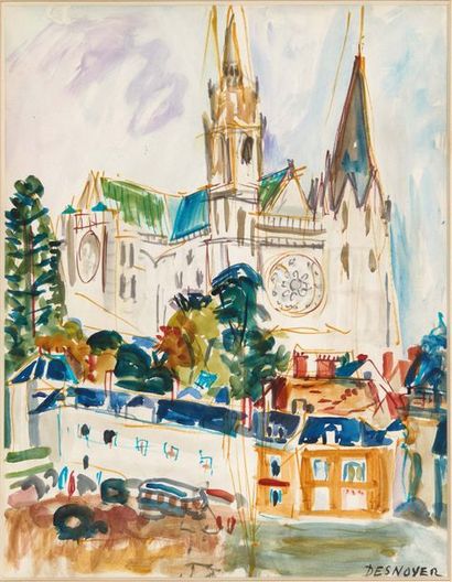 François DESNOYER (1894-1972) 
Vue de la Cathédrale de Chartres
Aquarelle sur papier.
Signée...