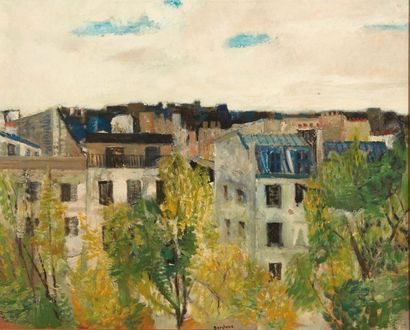 Guy Bardone (1927-2015) 
Toits à Paris, 1956
Huile sur toile.
Signée en bas au centre.
Signée,...
