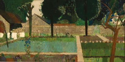 René GENIS (1922-2004) 
Le jardin
Huile sur panneau.
Signée en bas à droite.
H_47...