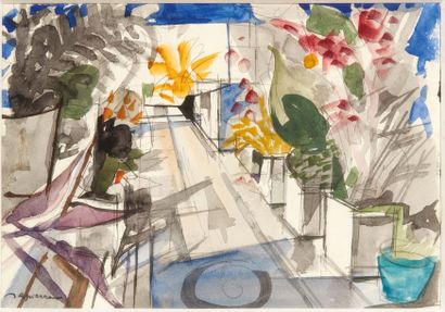 Jacques DESPIERRE (1912-1995) 
Terrasse au soleil
Aquarelle sur papier.
Signée en...