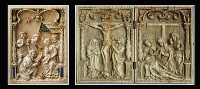 null Volet gauche de diptyque en ivoire sculpté représentant l'Adoration des Bergers....