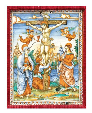 null Plaque en faïence polychrome représentant la Crucifixion avec Marie, saint Jean...