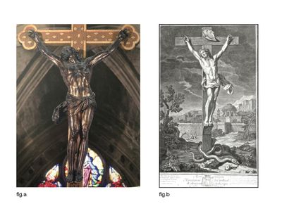 null Christ en croix accompagné de Marie-Madeleine en bois sculpté en fort relief...